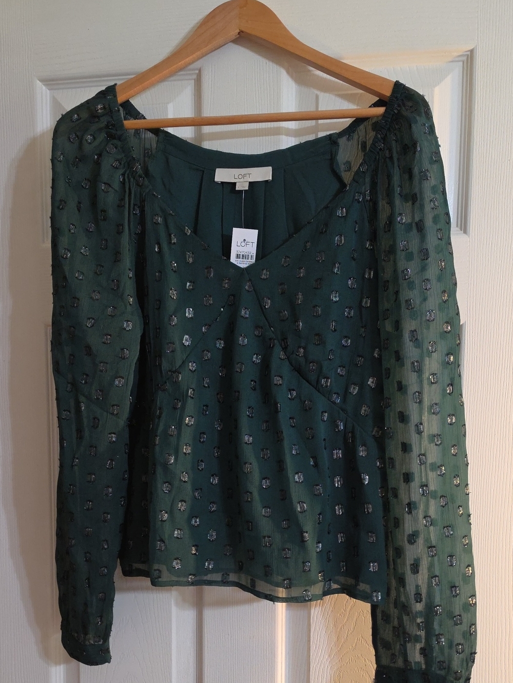 LOFT Dark Green Metallic Dot Long Sleeve Blouse